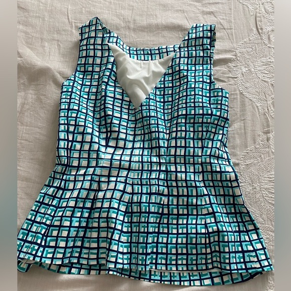 Kate Spade blue green plaid peplum V back Top (12) - Picture 2 of 5